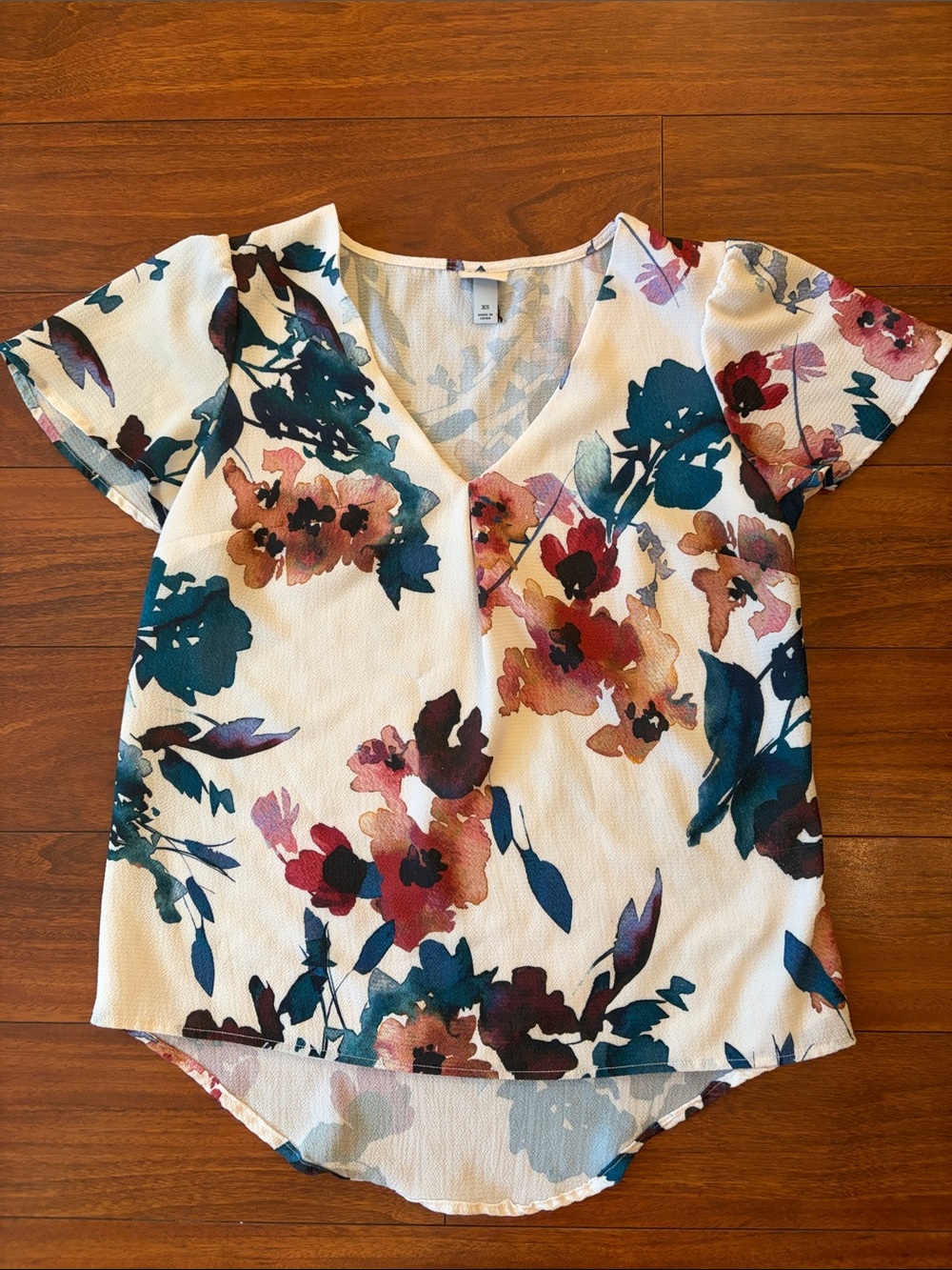 a new day Floral V-Neck Blouse in Cream with Teal & Rust Accents